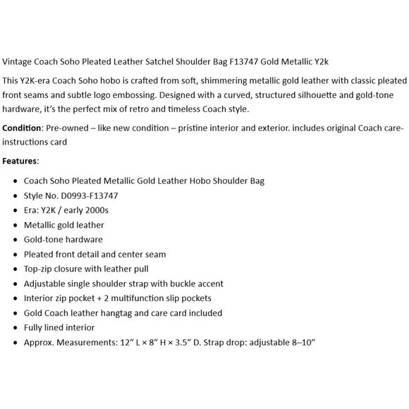 Vintage Coach Soho Pleated Leather Satchel Shoulder Bag F13747 Gold Metallic Y2k - Picture 2 of 10